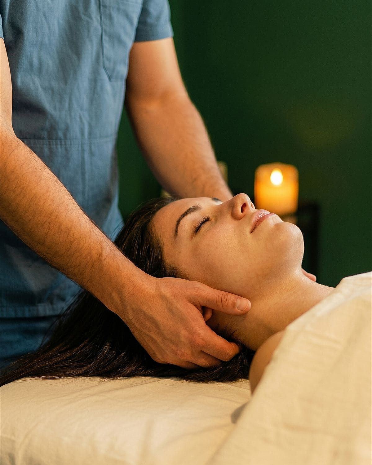 Bogdan Cherecheș applying gentle Bowen therapy moves to the head and neck